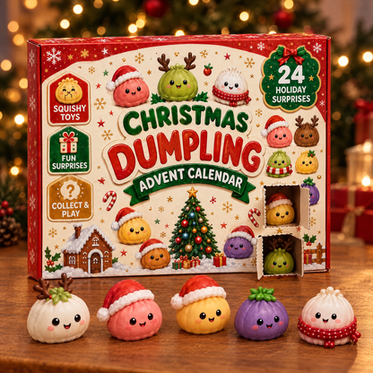 Advent calendar with doors opened and mini dumpling squishies in front