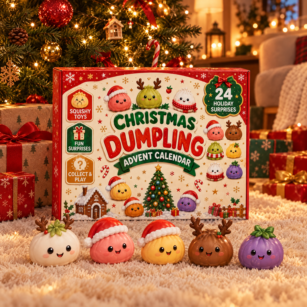 Advent calendar under the Christmas tree with squishies