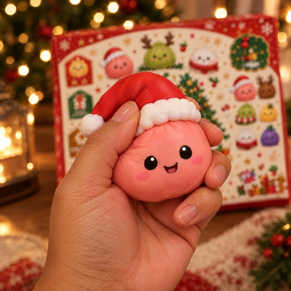 Hand squeezing a pink Santa hat dumpling squishy