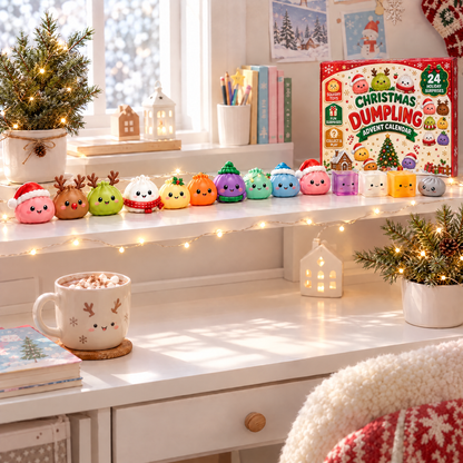Squishy collection lined up on a desk shelf next to the calendar